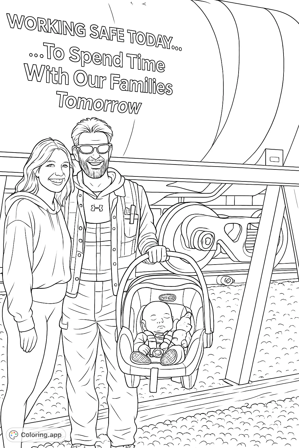 Capture a heartfelt family moment with a sleeping baby, celebrating safety and family time against an industrial backdrop. A unique family coloring page.