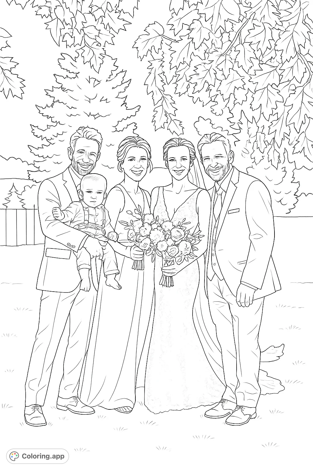 Capture the joy of a special day with this wedding party coloring page. Features a happy couple, friends, and a baby in a scenic outdoor setting.