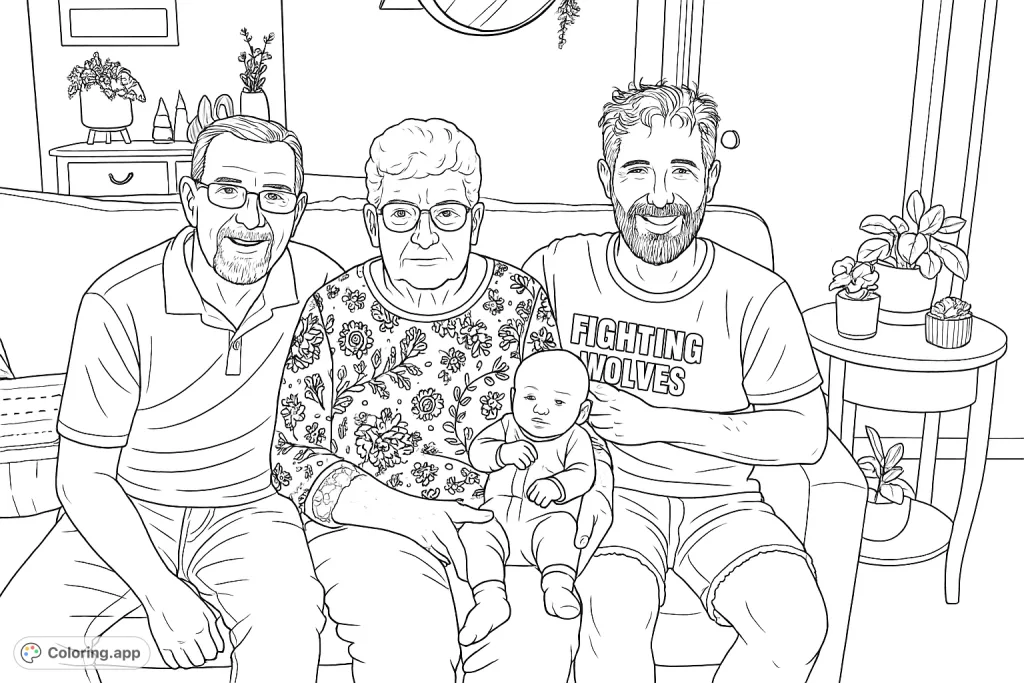 Capture a heartwarming multi-generational family moment. This portrait features four family members on a sofa, perfect for personalizing with your favorite shades.