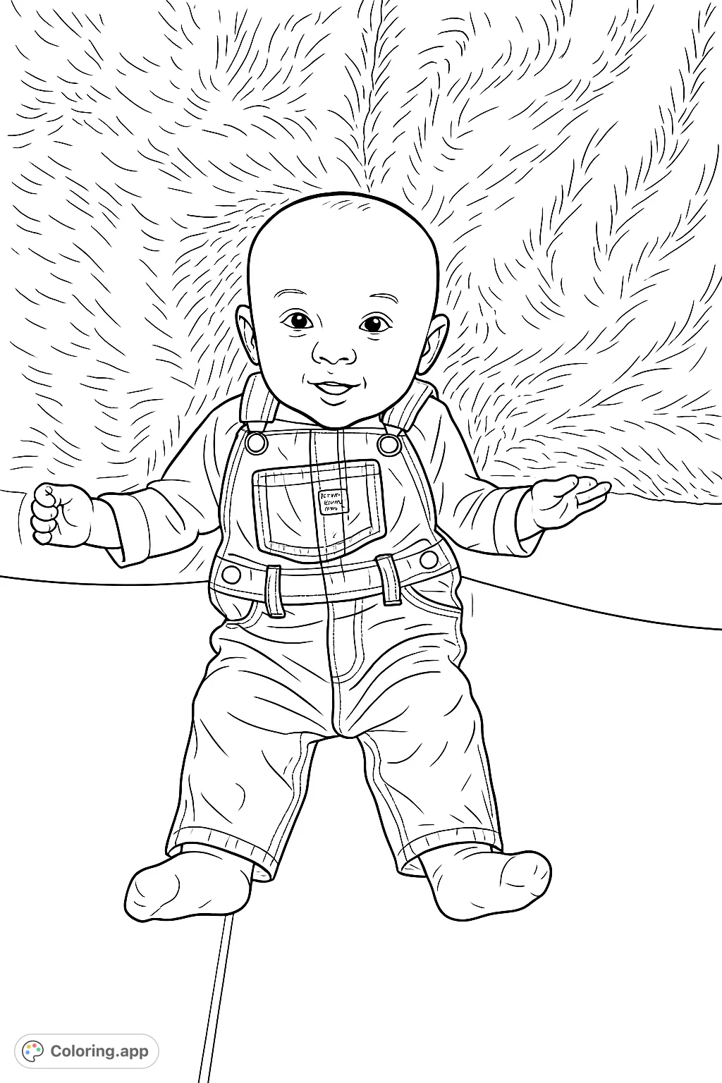A delightful baby in charming overalls smiles sweetly, perfect for a heartwarming coloring page. Capture innocence and joy in this lovely portrait.