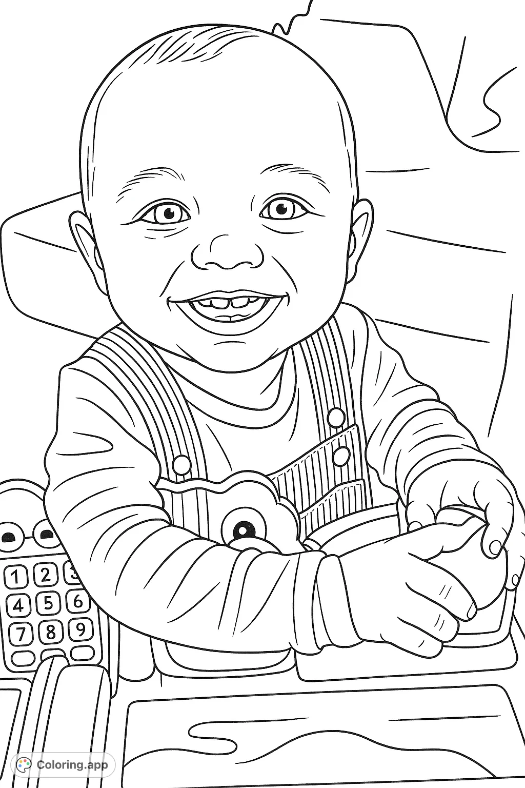 A delightful baby coloring page featuring a smiling infant in overalls playing with a toy. Perfect for bringing joy and creativity to all ages!