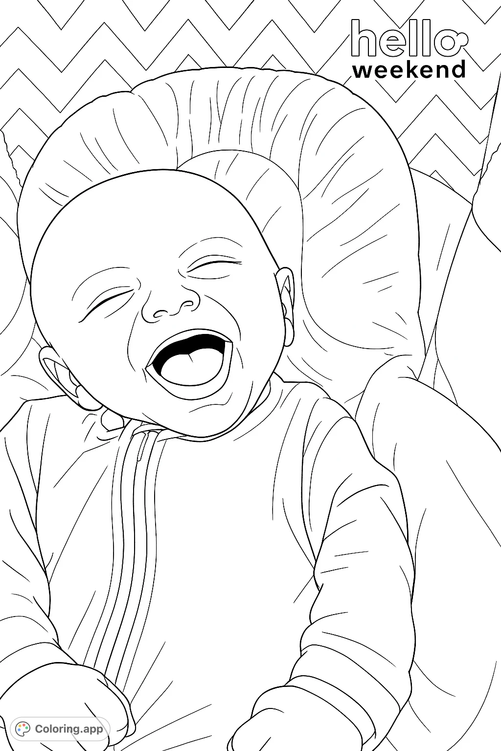 Capture the pure joy of a laughing baby nestled in a soft seat. This adorable baby coloring page offers simple, heartwarming fun for all ages.