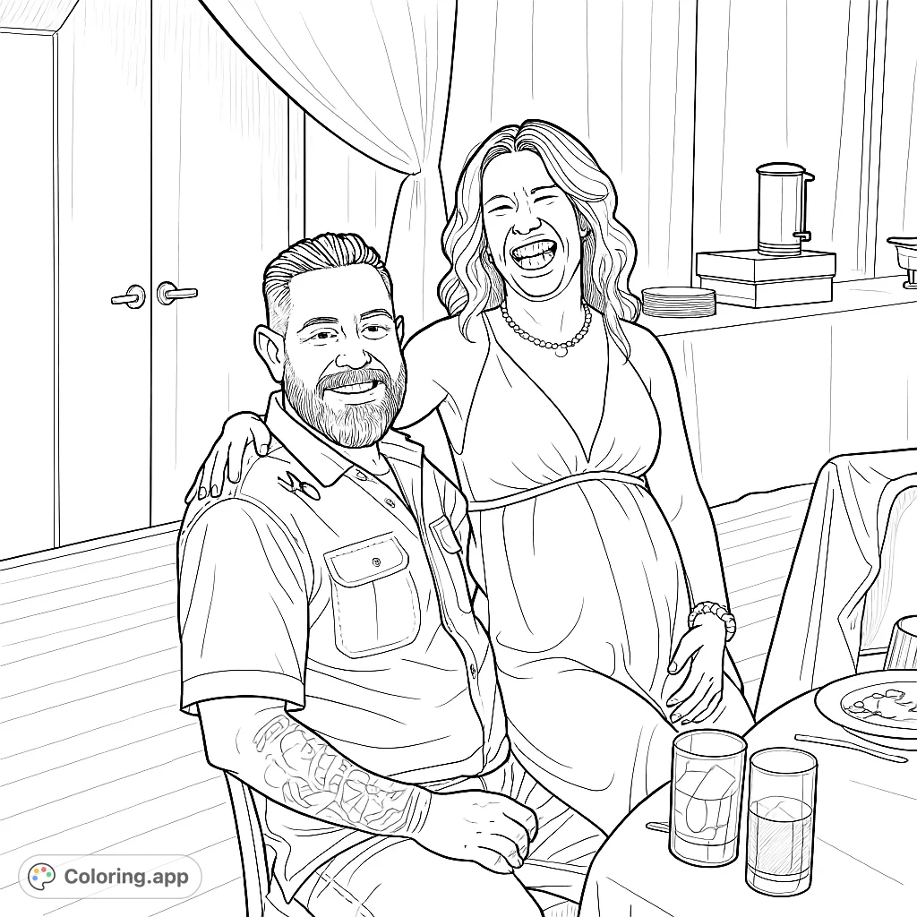 Capture the joyful embrace of a couple laughing, complete with detailed expressions and an inviting event setting. A heartwarming moment ready for your artistic touch.