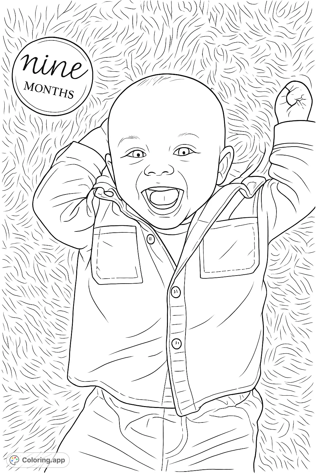 Capture the heartwarming joy of a baby's nine-month milestone, featuring a smiling infant resting playfully on a textured rug with a special plaque.