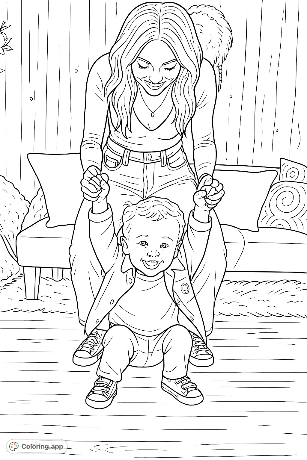 Capture a heartwarming scene of a parent and child playing, with the child squatting and holding hands. Perfect for family-themed coloring.