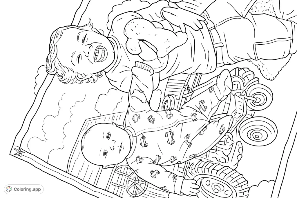 Capture a heartwarming family moment: a laughing toddler and observing baby share a detailed farm blanket. This siblings coloring page is a free printable.