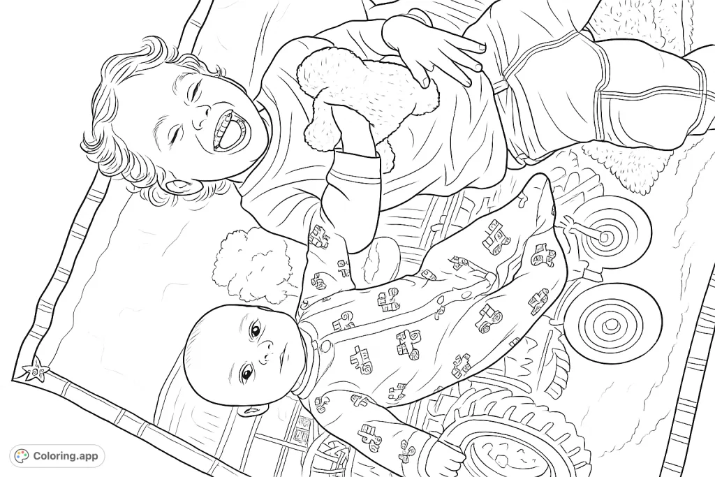 Capture the heartwarming bond of two siblings on a charming farm-themed quilt, featuring a smiling toddler and a serene baby. A delightful scene for all ages.