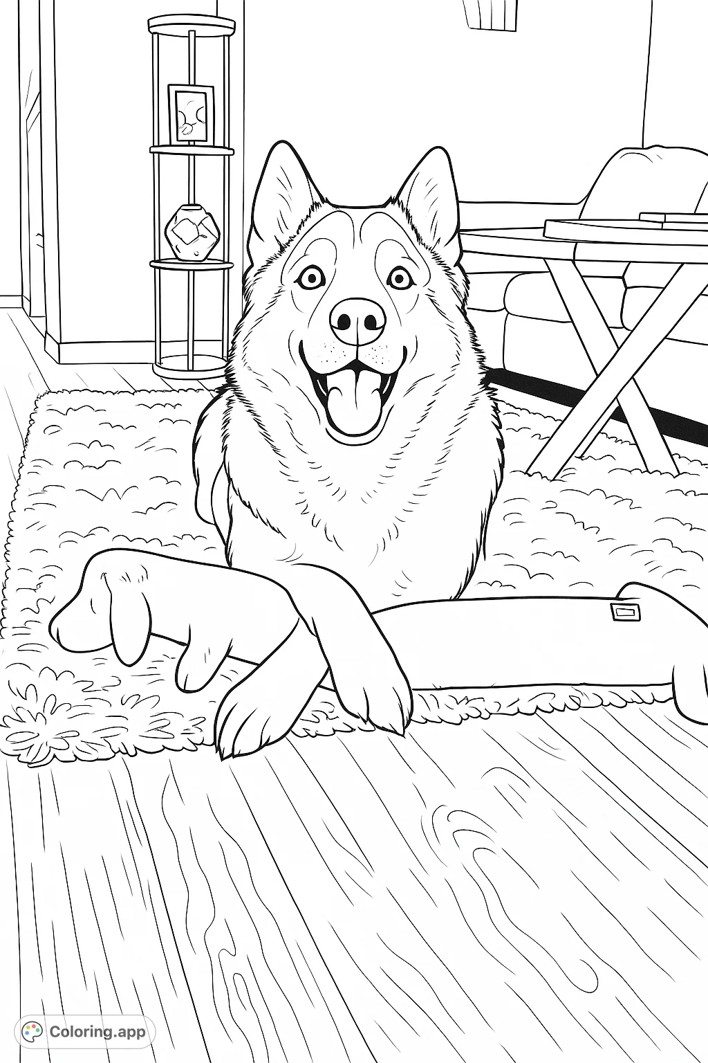 A charming husky lies on a rug with its toys, offering a delightful scene for coloring enthusiasts. Perfect for animal lovers of all ages!