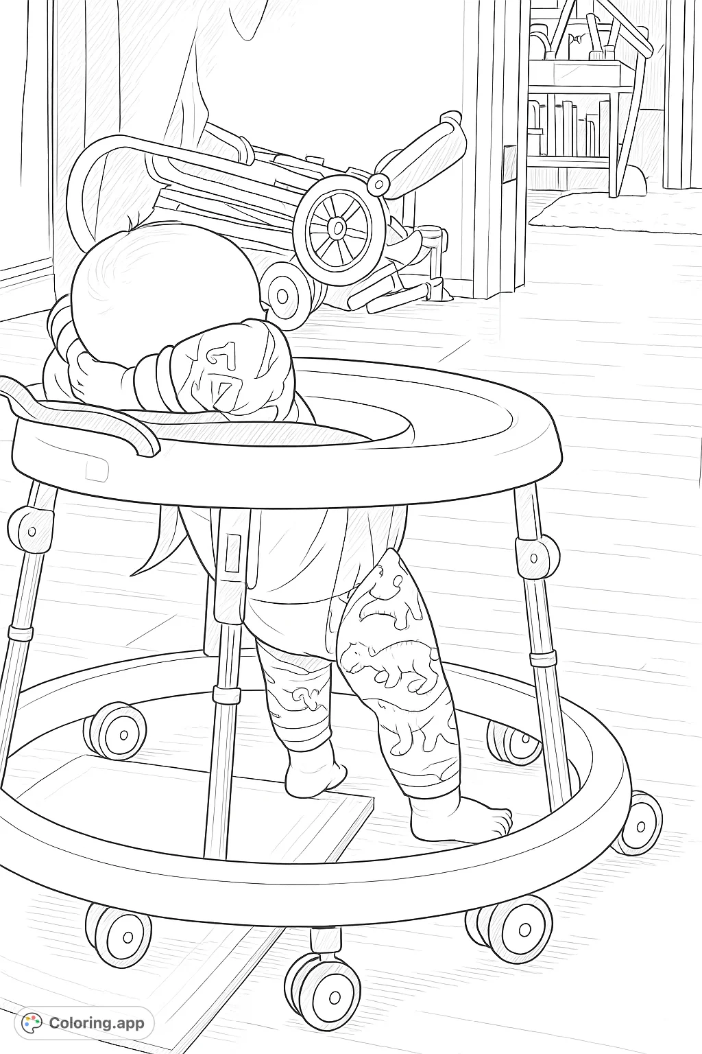 A sweet baby, exhausted from a day of exploration, rests peacefully in its walker. This adorable scene captures a universal moment of infant slumber.