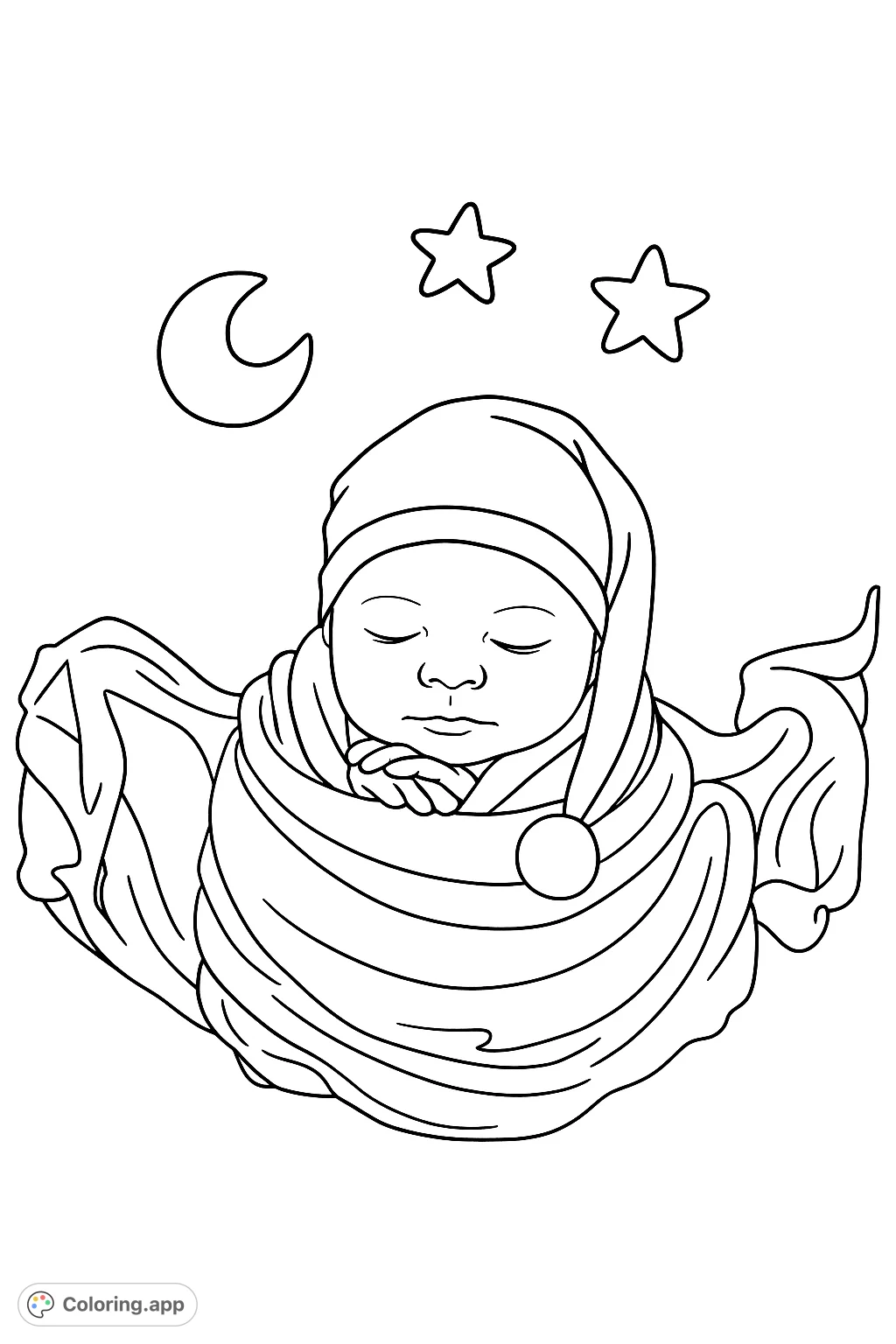 A sweet newborn baby sleeps soundly, wrapped in a cozy swaddle and wearing a soft cap, accompanied by a crescent moon and stars.