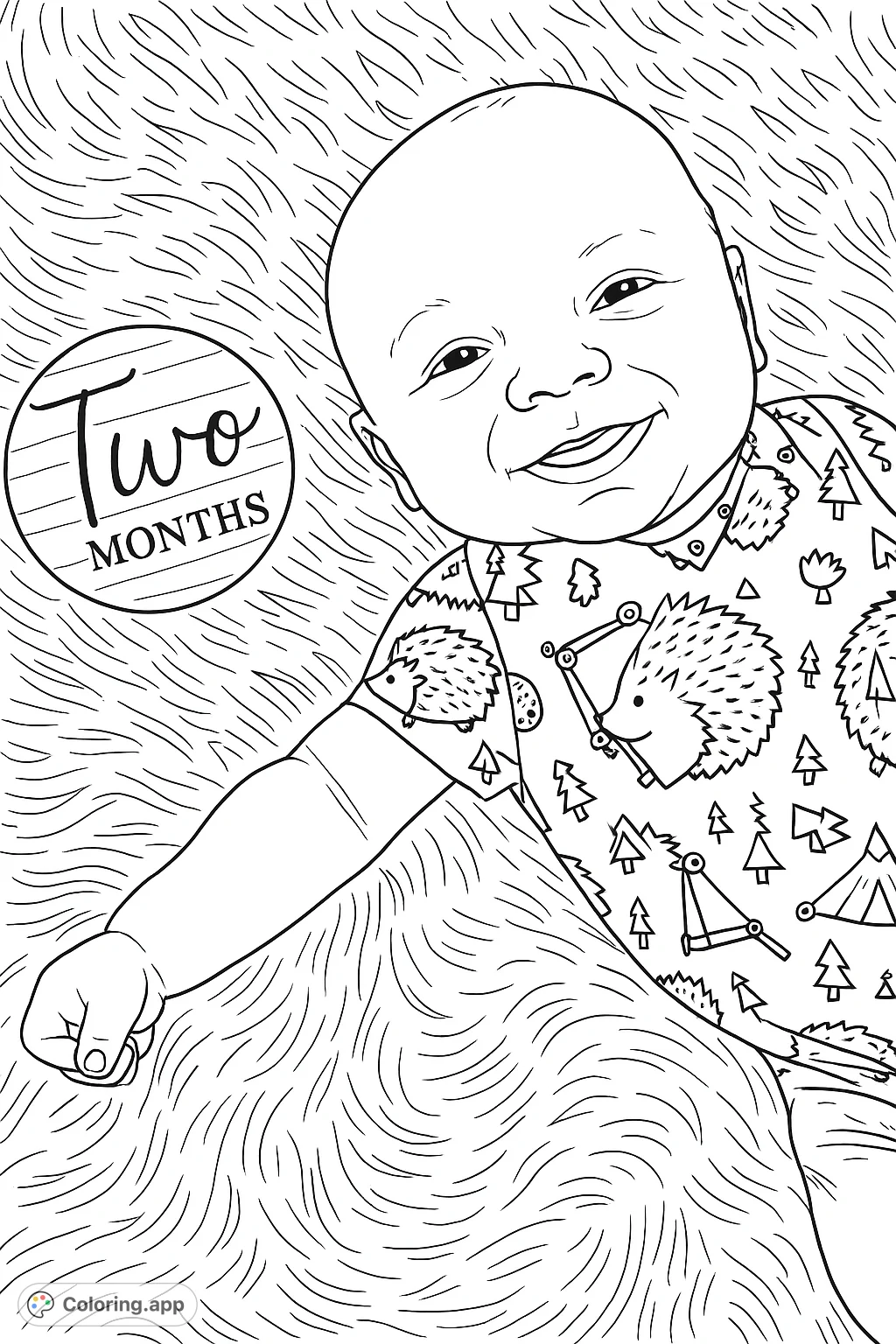 Capture the joy of a smiling baby marking a milestone, lying on a soft blanket with a cute hedgehog-patterned outfit and a 'Two Months' disc. A heartwarming scene.