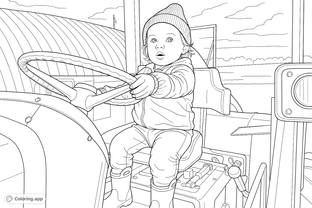 A charming toddler sits behind the wheel of a big farm tractor, ready for an adventure. This delightful tractor coloring page invites creativity and fun for all ages.