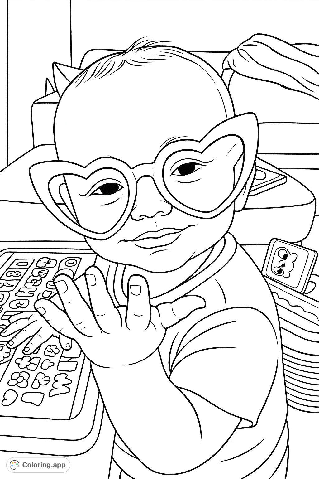 A charming toddler wears oversized heart-shaped sunglasses, reaching out playfully. Perfect for a fun coloring session with expressive features and a lively pose.