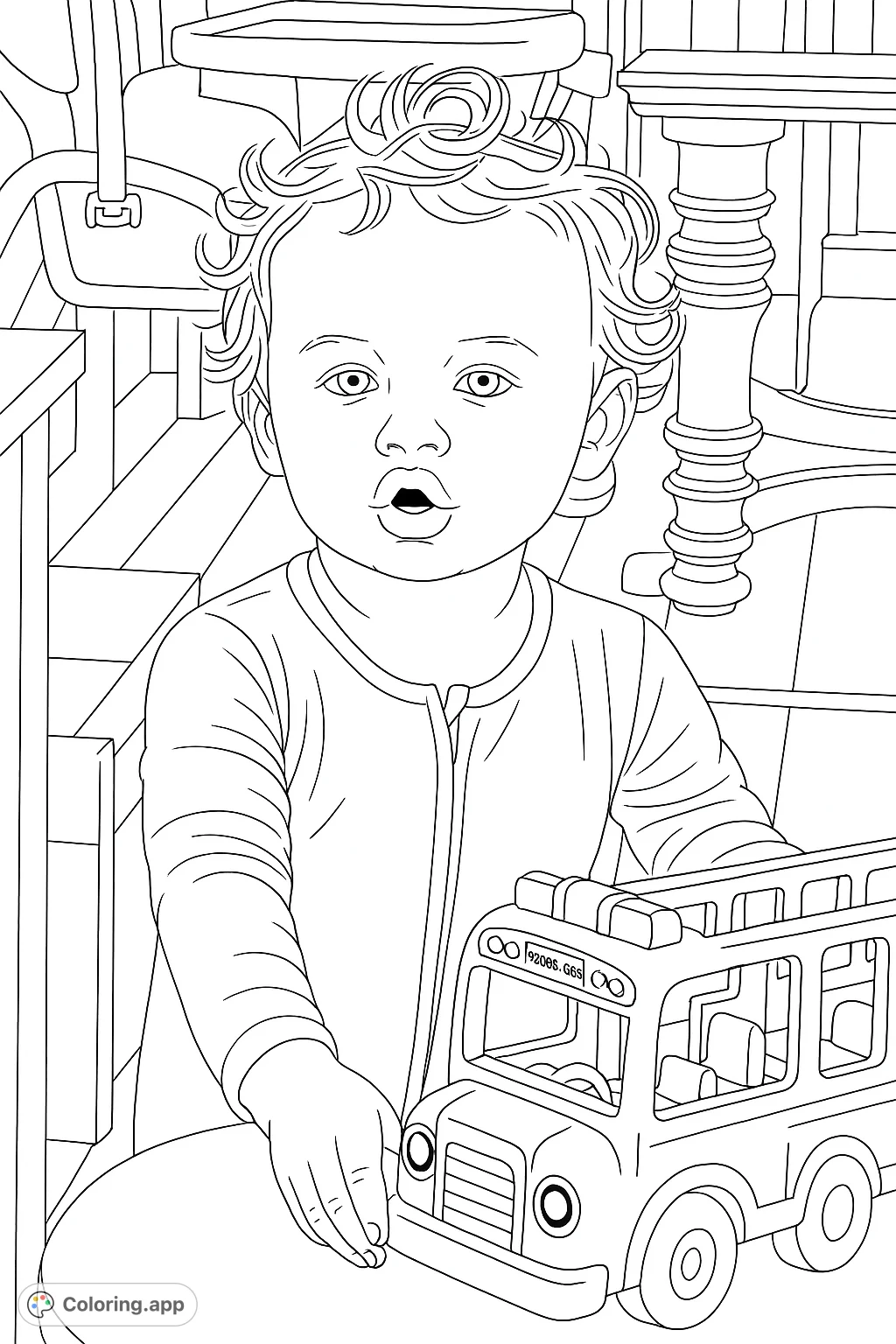 A playful toddler with a toy school bus, captured in a moment of innocent curiosity. Perfect for young colorists to bring imagination to life.