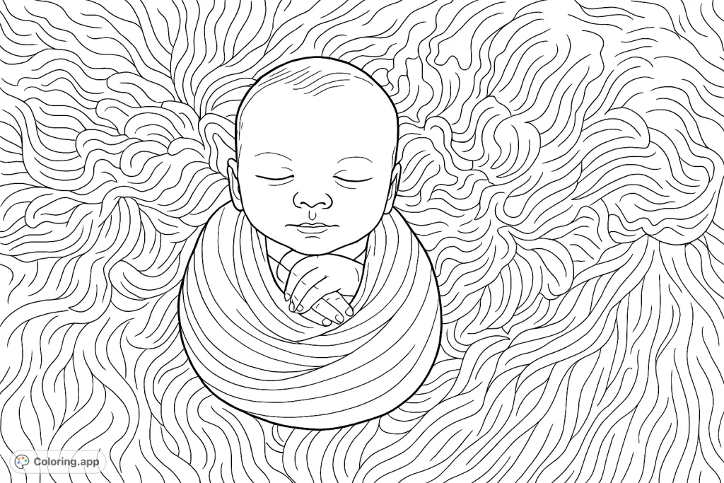 Discover a tranquil newborn baby wrapped in a cozy swaddle on a soft, textured surface. A perfect printable coloring page for celebrating new life.