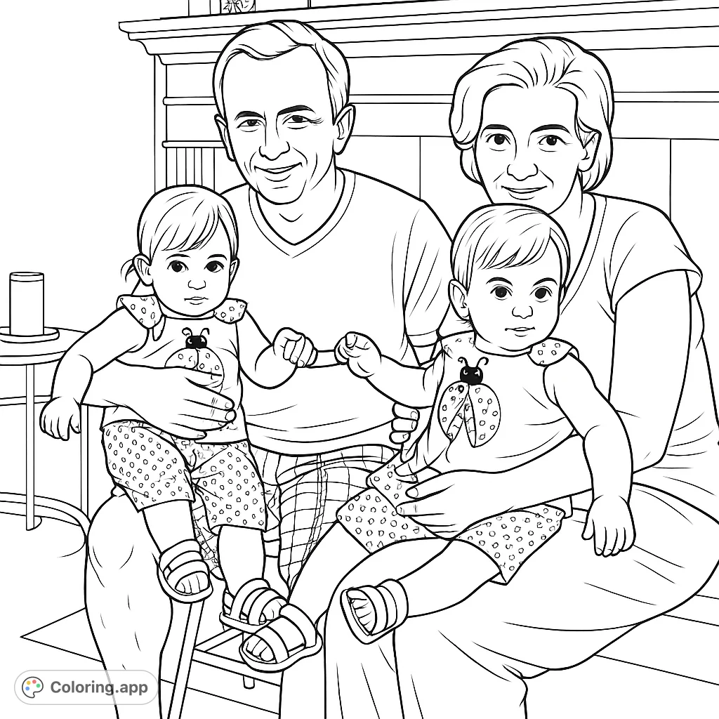 Capture the warmth of a family moment with this endearing portrait coloring page. Two adults lovingly hold their babies, dressed in charming patterned outfits, against a cozy home backdrop.