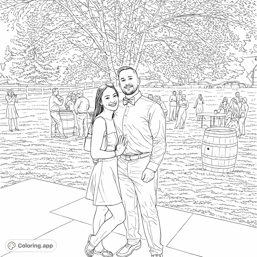 Capture the joy of a special outdoor event! This coloring page features a smiling couple amidst a lively gathering, complete with trees, fences, and string lights.