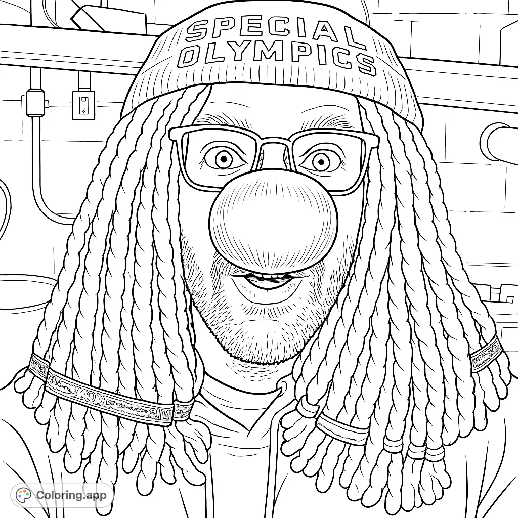 A truly silly character wearing a mop wig and a large novelty nose, peeking through glasses with a surprised expression. A humorous and fun coloring experience awaits!