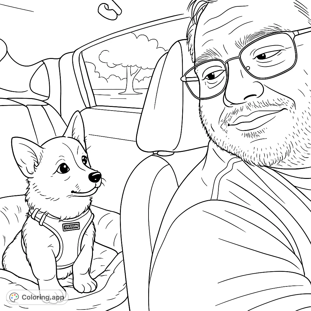 Join a cheerful corgi puppy and its companion on a car ride adventure. A delightful scene for animal lovers of all ages, perfect for bringing to life with your favorite shades.