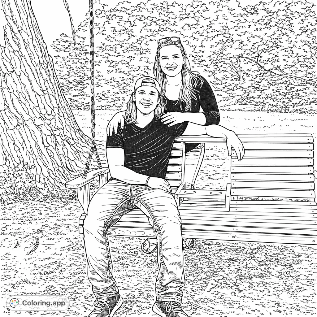 A joyful couple shares a relaxing moment on an outdoor swing, surrounded by nature. This charming scene offers a delightful opportunity for creative coloring.