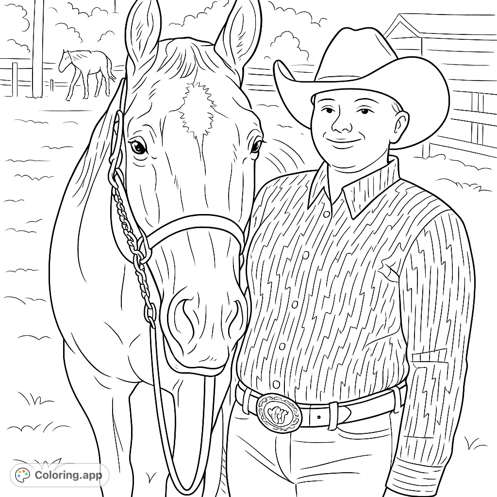 A heartwarming Western-themed coloring page featuring a young rider in a cowboy hat standing proudly next to her majestic horse, ready for adventure.