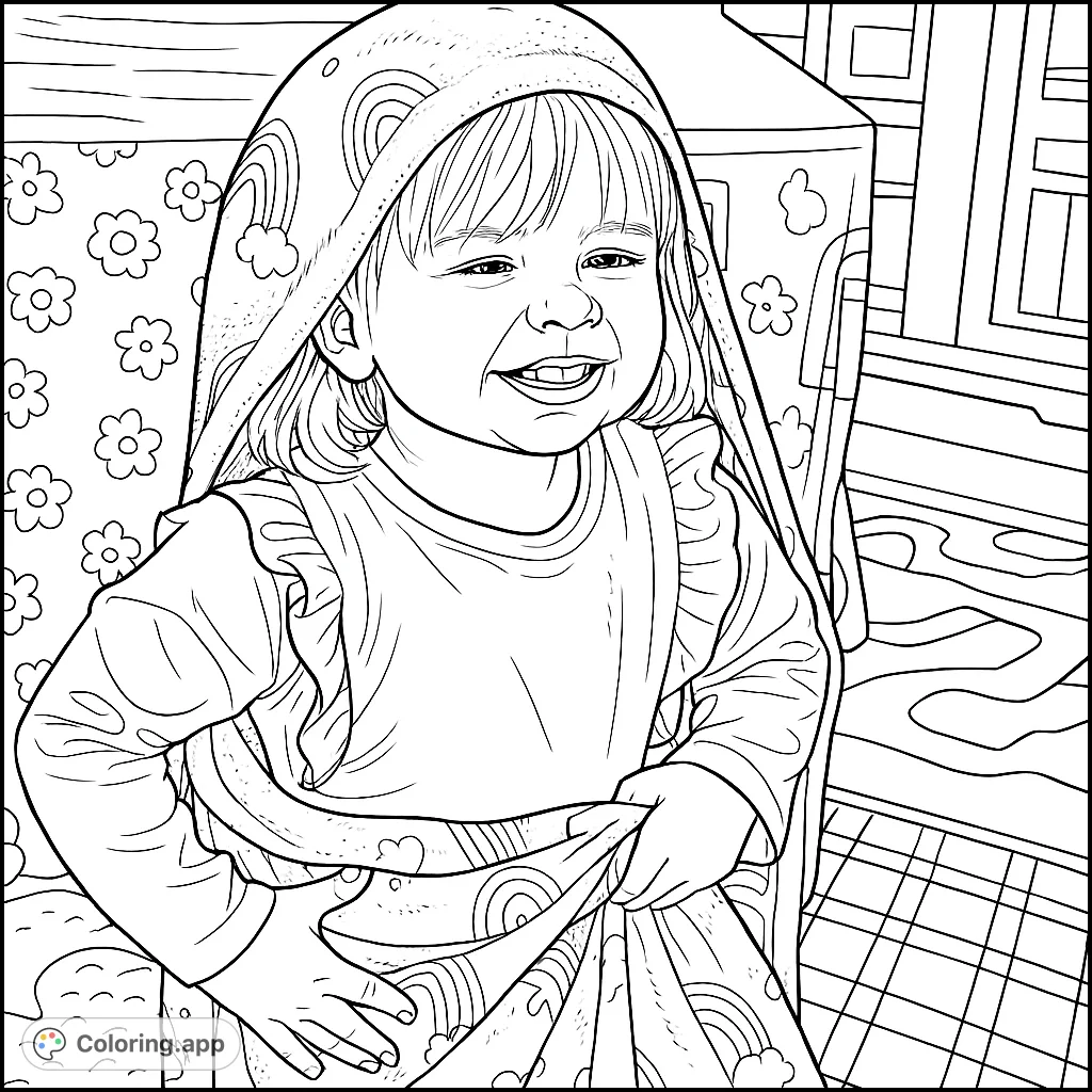 A heartwarming scene featuring a smiling child wrapped in a patterned hooded blanket, perfect for imaginative coloring and cozy moments.