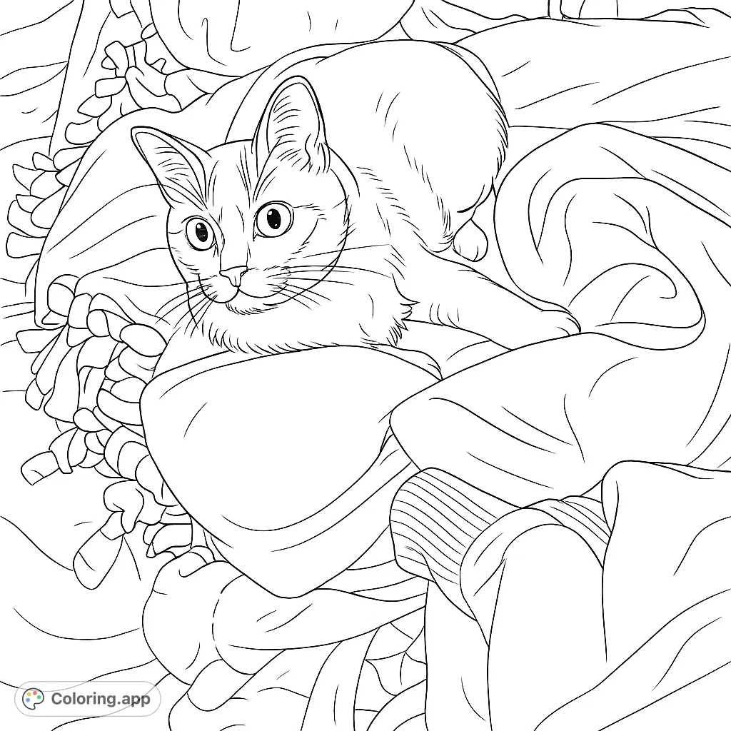 A charming tuxedo cat relaxes on a heap of soft blankets, inviting you to add vibrant hues to its fur and the textured fabric folds.