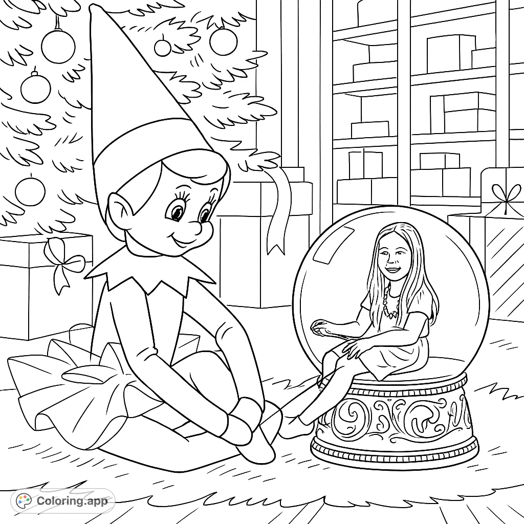 An adorable elf doll pulls a girl in a snow globe, set against a festive background. A whimsical holiday scene for imaginative coloring fun!