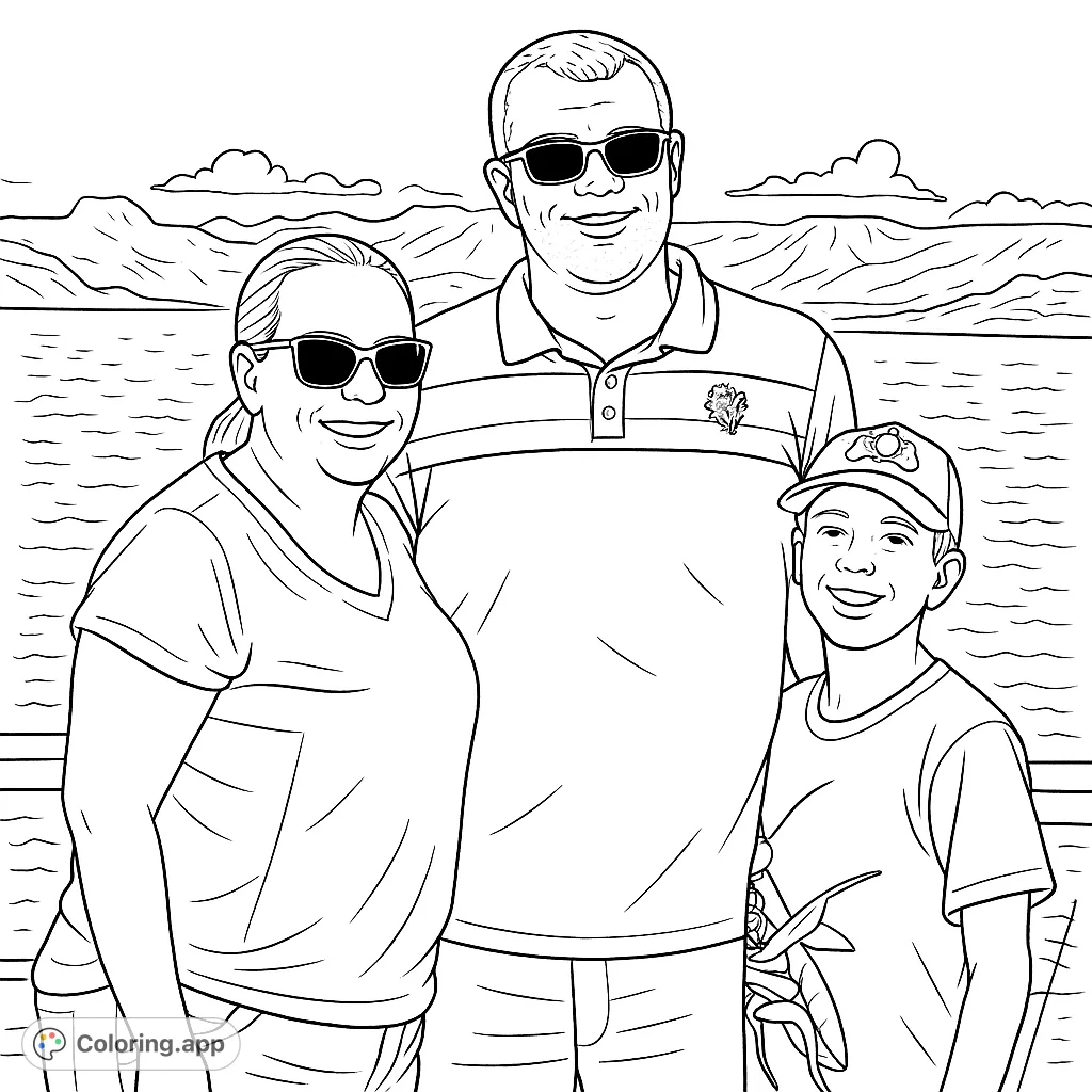 Capture a cherished family moment by a beautiful lake and mountains. A perfect personalized coloring page for all ages.