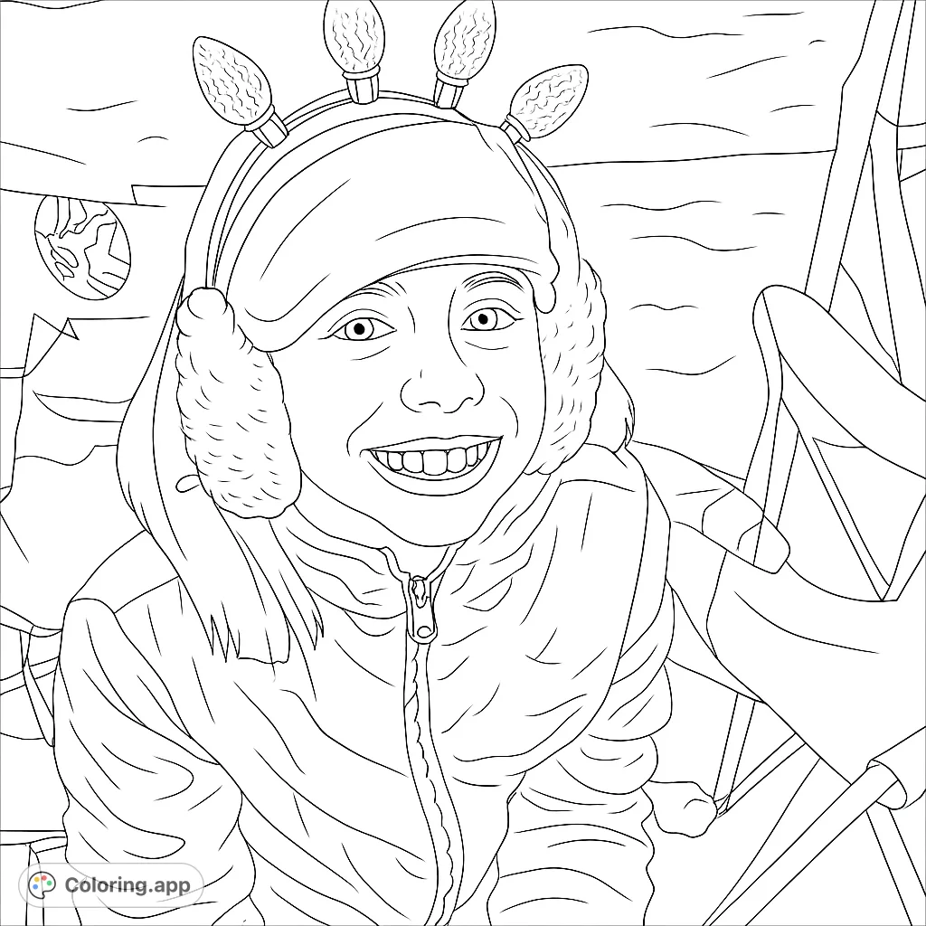 A joyful child wearing a festive hat adorned with five whimsical light bulbs, perfect for spreading holiday cheer. A delightful winter scene.