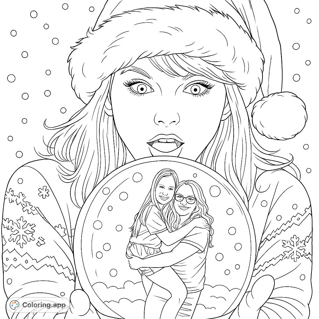 A pop icon in a festive hat holds a magical snow globe revealing a heartwarming embrace between two figures, surrounded by a winter wonderland. Perfect for holiday coloring.