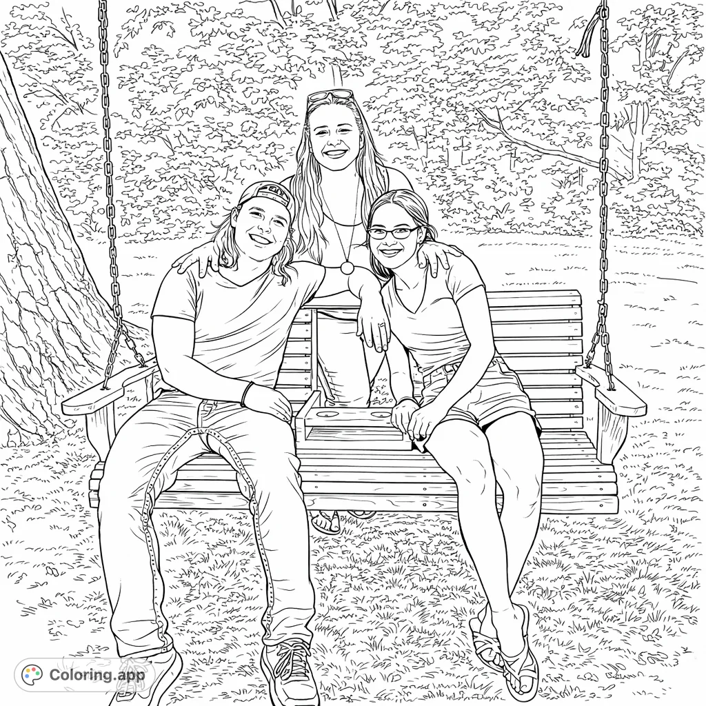 Three smiling friends pose together on a wooden swing bench, surrounded by nature, in this joyful friendship coloring page.