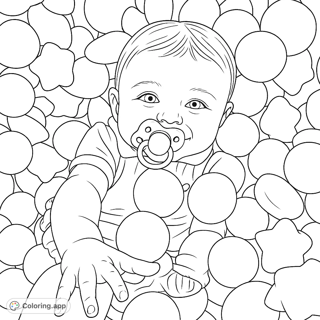 A cheerful baby smiles from a vibrant ball pit, pacifier in mouth. This fun coloring page captures pure joy amidst a playful, spherical wonderland.