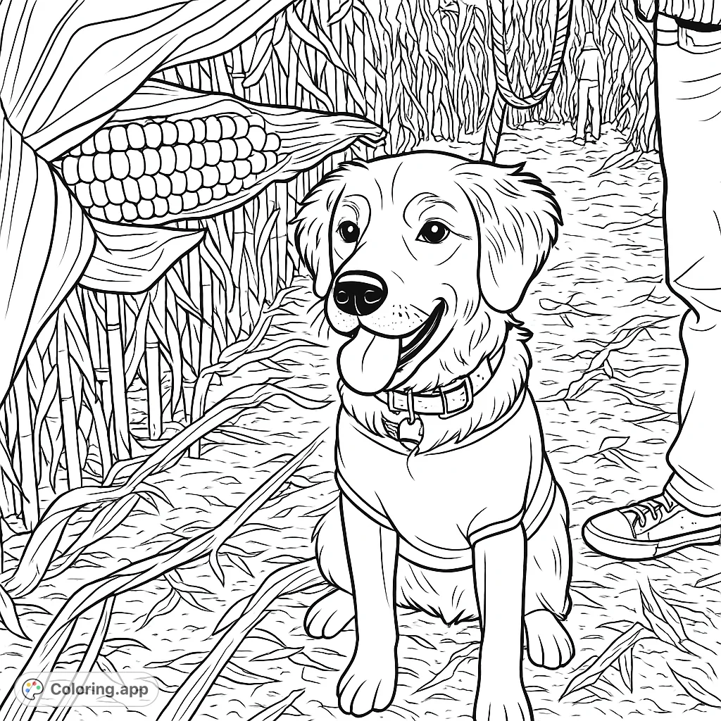A cheerful golden retriever puppy sits patiently amidst a cornfield with a husked ear of corn nearby. A delightful scene for animal and farm enthusiasts.
