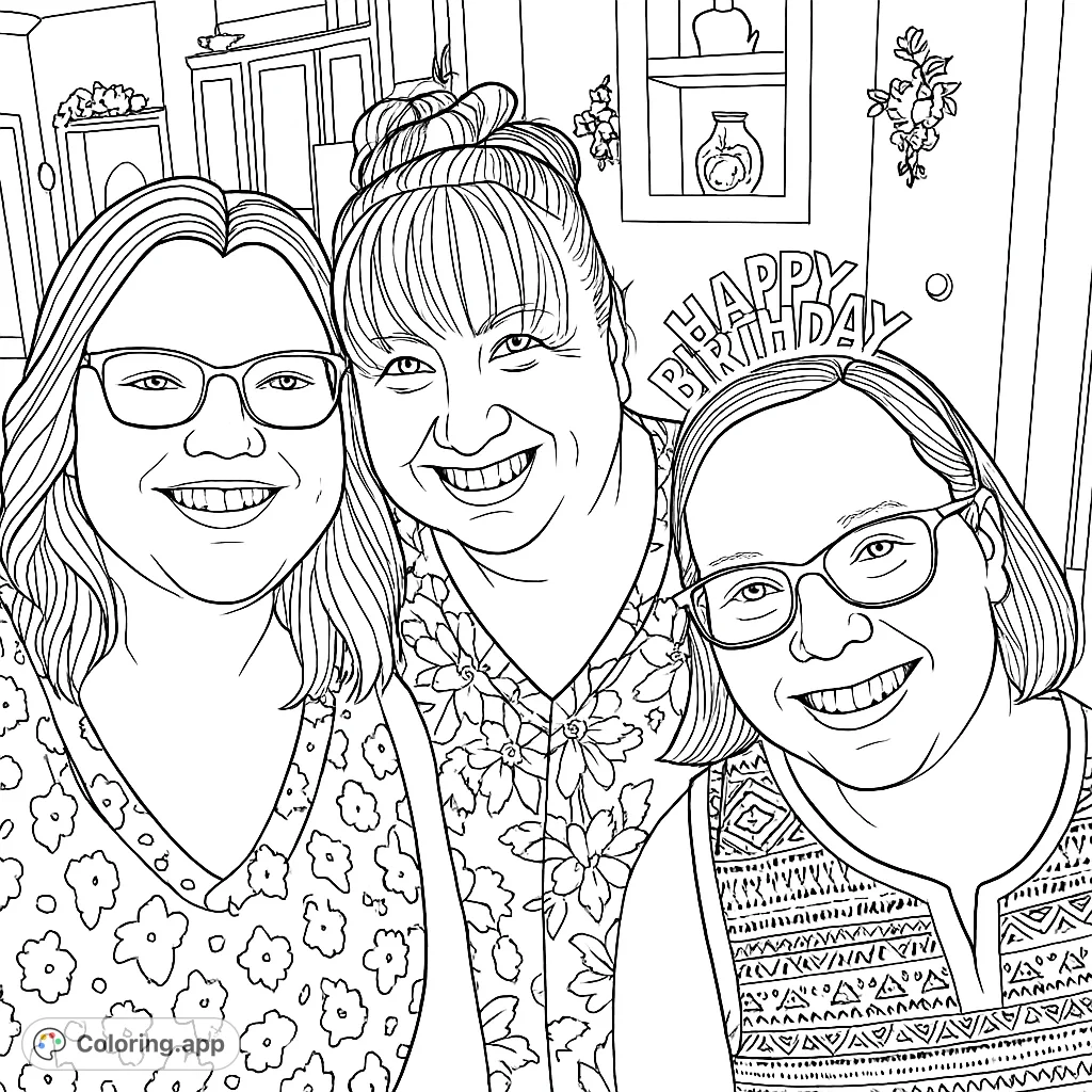 Capture a heartwarming moment of three smiling women celebrating a birthday, complete with festive headwear and detailed clothing patterns.