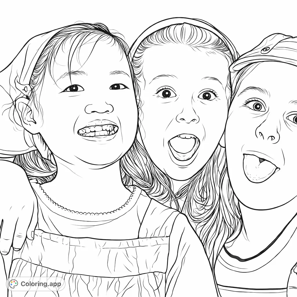 Capture a lively scene of three girls with expressive faces, smiling, shouting, and sticking out tongues. A playful and heartwarming children coloring page.