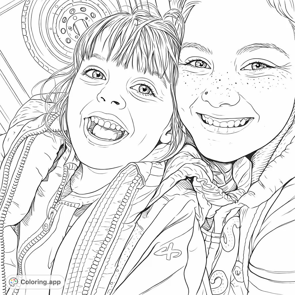 Capture the heartwarming bond of two smiling individuals, one a child and one an adult, in this delightful and expressive portrait coloring page.