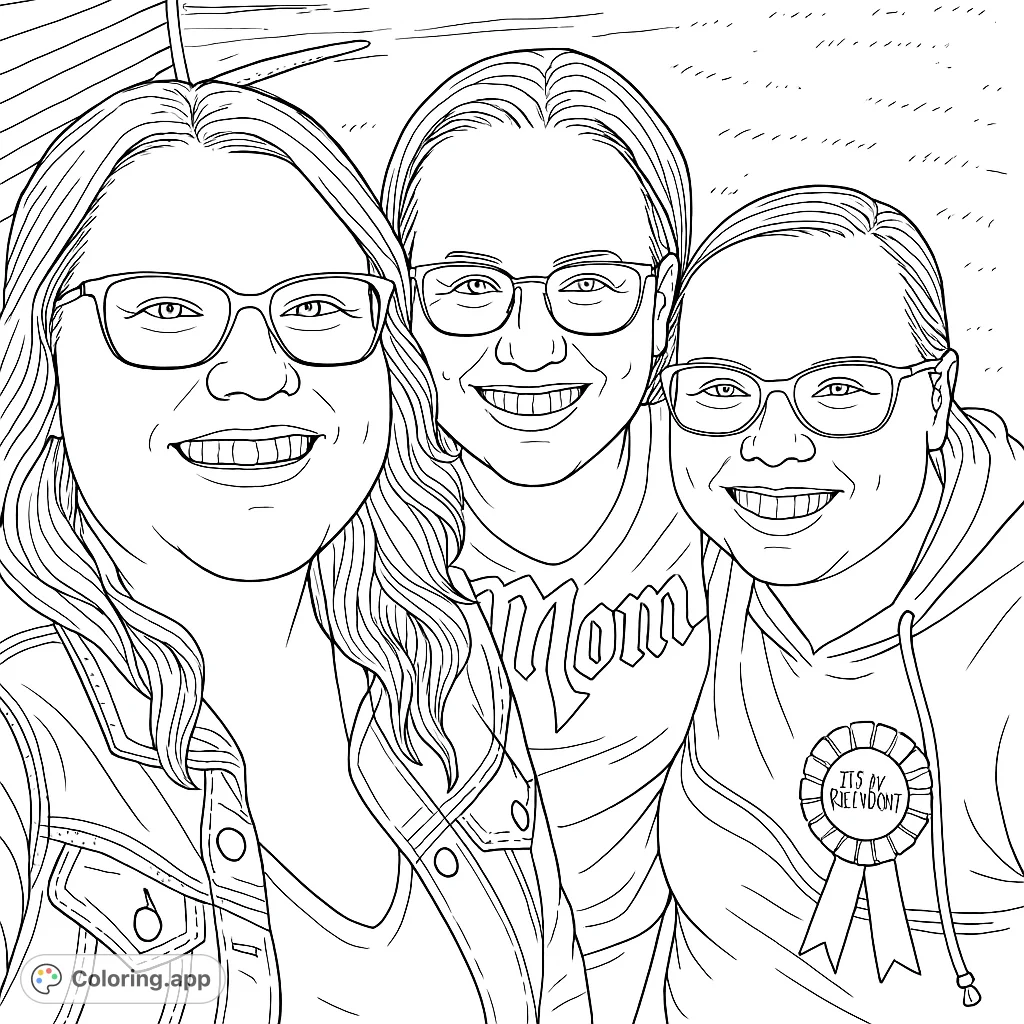 Celebrate friendship with this joyful coloring page featuring three smiling women. Perfect for adding your personal touch to a happy moment.
