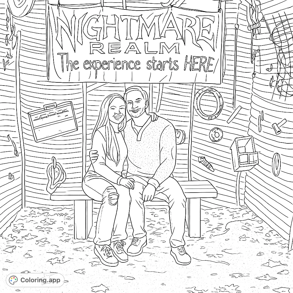 A couple poses happily at a spooky haunted attraction, featuring a distressed banner and a wall adorned with ominous objects. Perfect for spooky season.