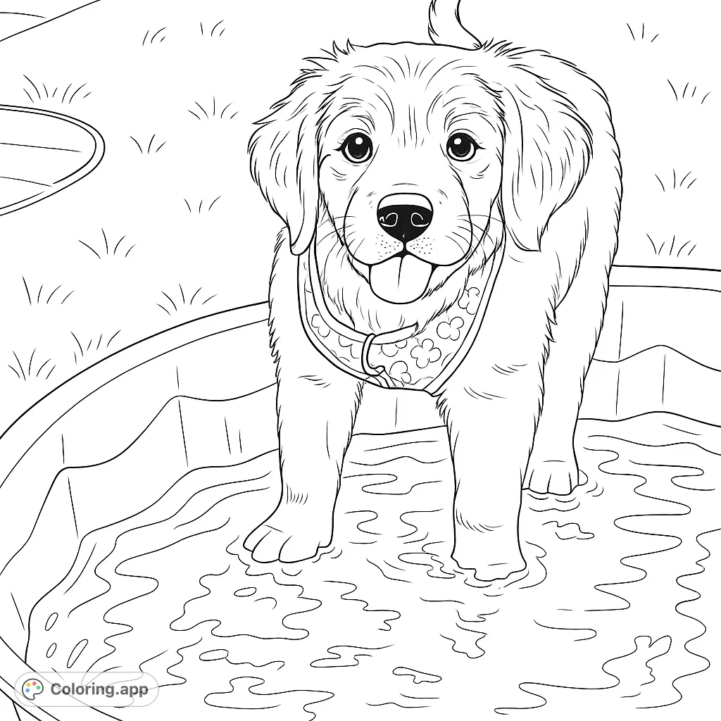 Capture the joy of a puppy splashing in a pool with this delightful coloring page. Perfect for animal lovers of all ages, offering charming details and fun.