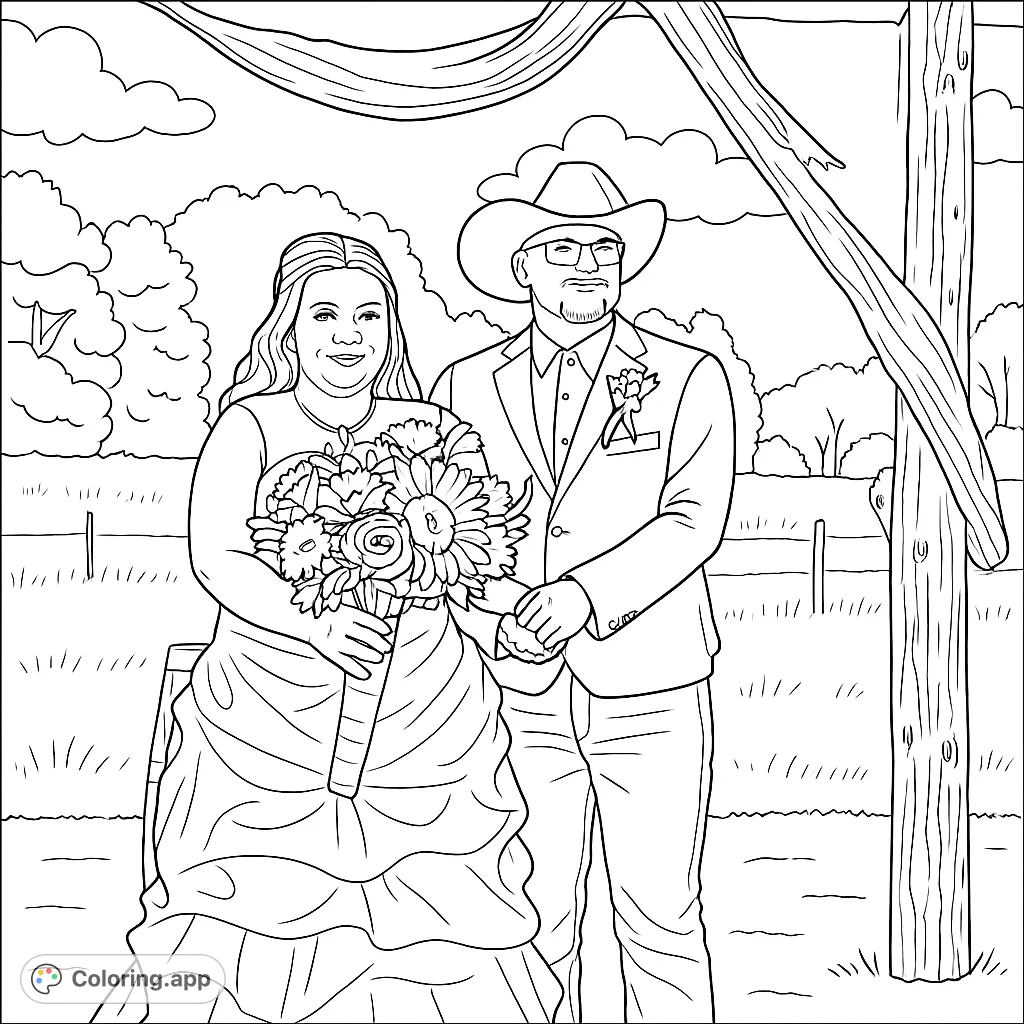 Celebrate love with this charming rustic wedding coloring page featuring a joyous couple under a draped arch. Perfect for special occasions and creative expression.