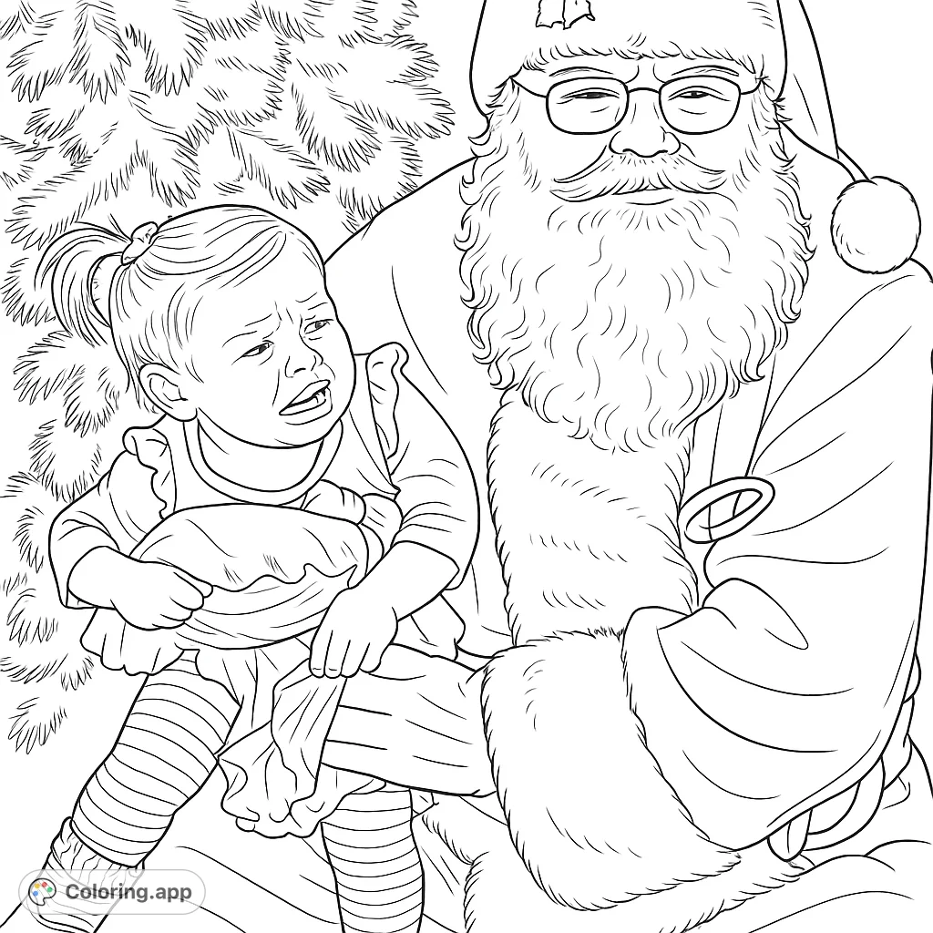 A humorous holiday scene featuring Santa Claus with a crying toddler on his lap, set against a festive evergreen tree. Perfect for a funny Christmas coloring page.
