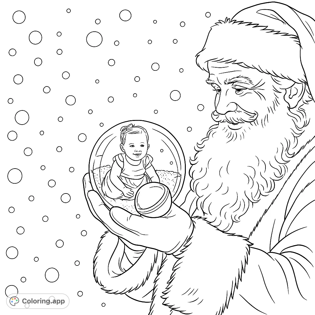 Santa Claus gazes at a delightful baby nestled inside a magical, transparent orb with a jingle bell, set against a twinkling, snowy backdrop. A heartwarming holiday scene.