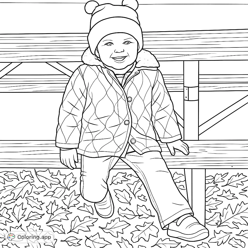 A delightful coloring page featuring a smiling child in a textured jacket and pom-pom beanie, sitting on a wooden picnic bench amidst scattered leaves.
