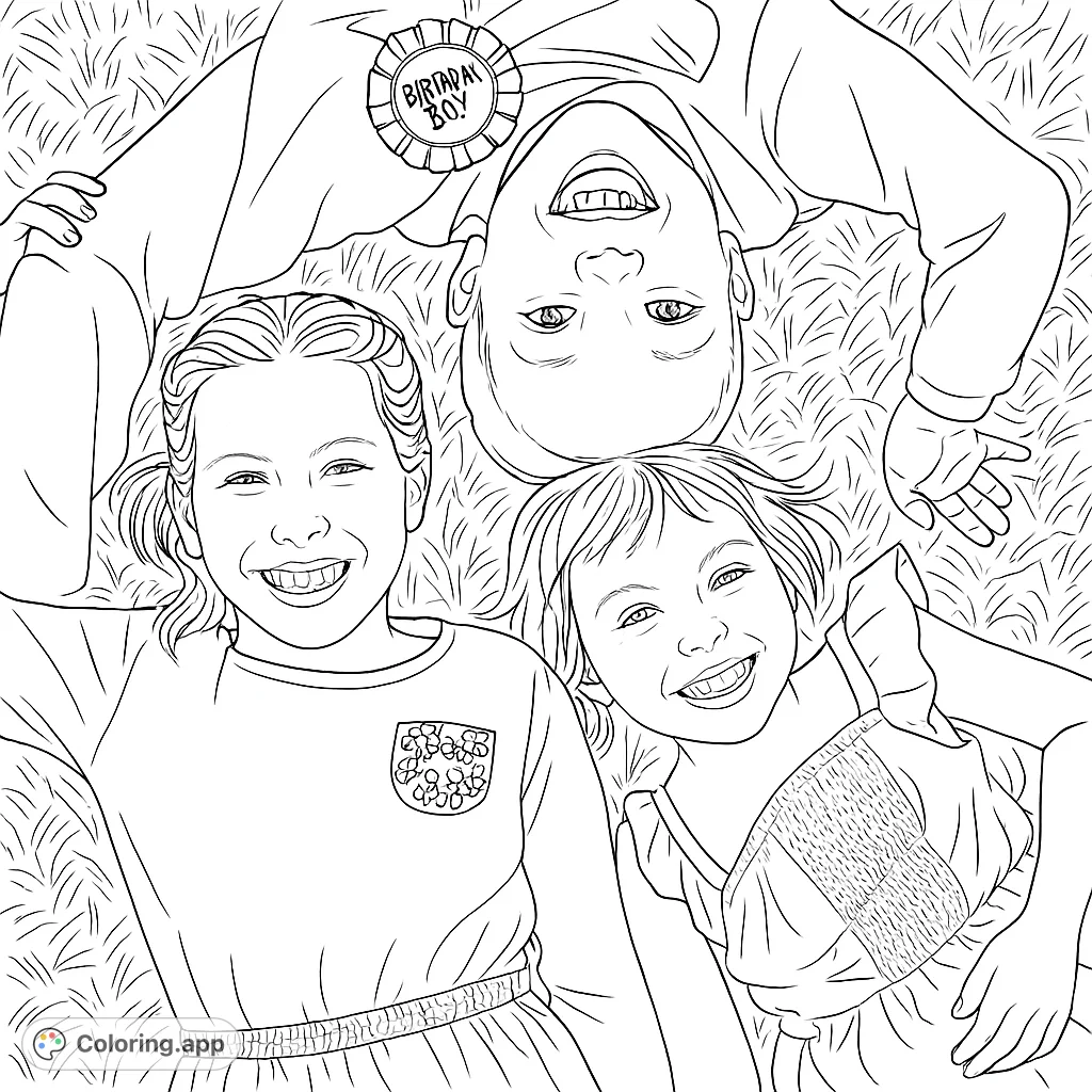Three happy children lie on soft grass, heads together, smiling broadly. Perfect for a joyful coloring experience for all ages!