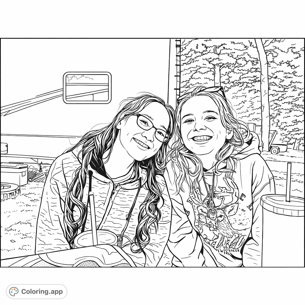 Capture the joy of friendship with two smiling individuals in an outdoor setting, featuring a camper and trees. A happy camping friends coloring page.