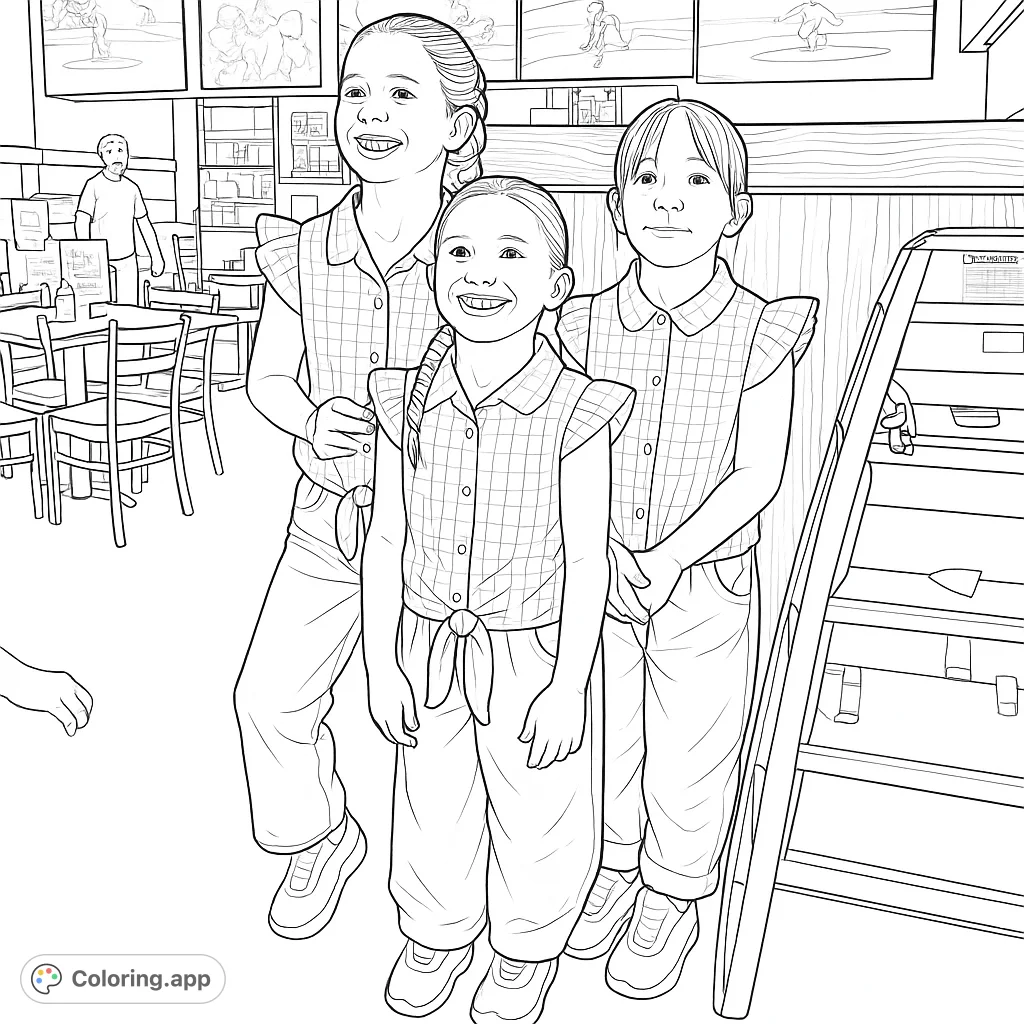 Capture the joy of three girls in matching patterned shirts and glowing shoes, posing in a lively restaurant setting. A fun and detailed scene for creative colorists.