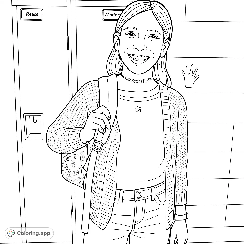 A cheerful student stands ready for school, smiling brightly with her backpack and locker background. Perfect for young colorists to personalize!