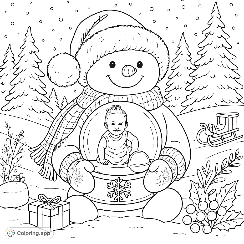 A cheerful snowman holds a snow globe featuring a smiling baby, surrounded by a festive winter scene with gifts, berry branches, and falling snow.