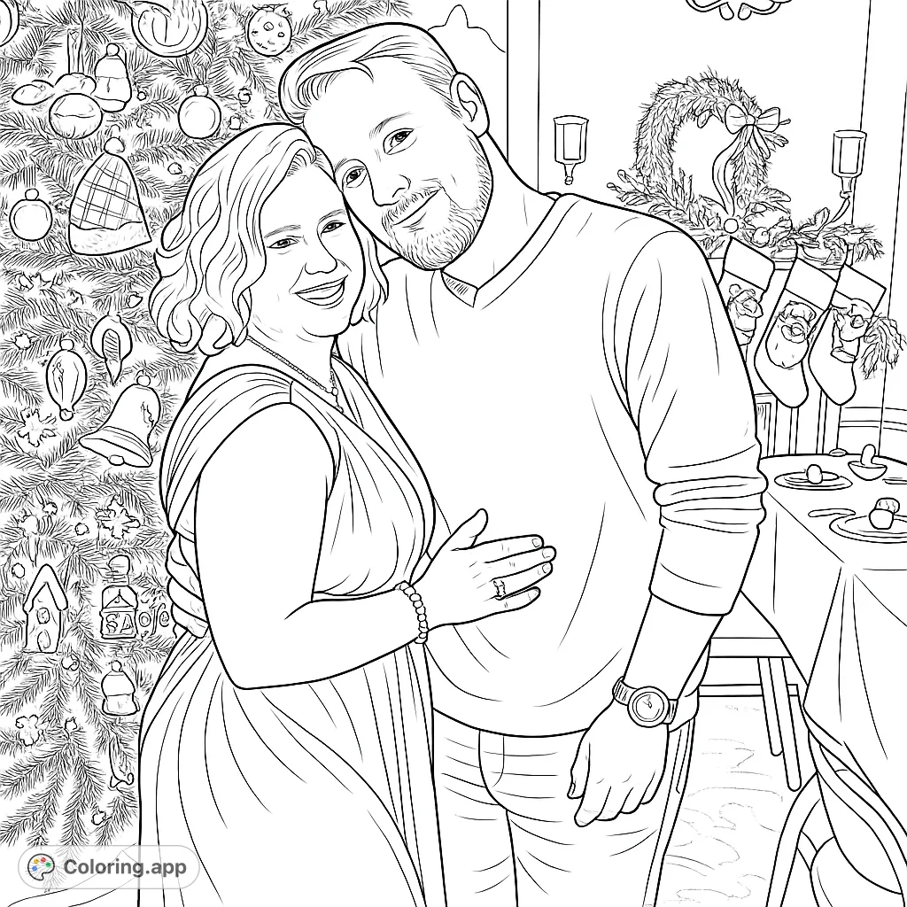 Capture the warmth of the holidays with this charming couple's portrait. Featuring a festive Christmas tree and decorated mantel, it's perfect for celebrating love and joy.
